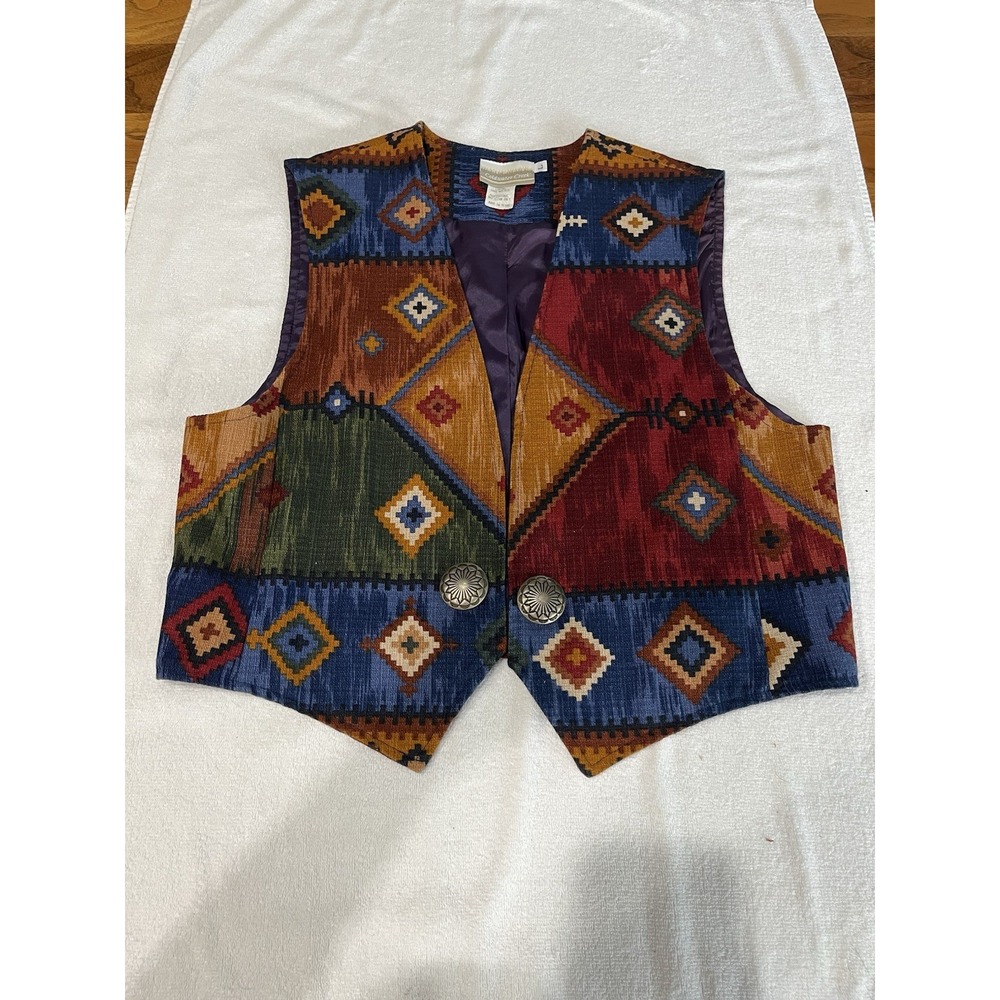 Coldwater Creek Vtg 90's Southwestern Tapestry Vest Concho Buttons Aztec Texas L